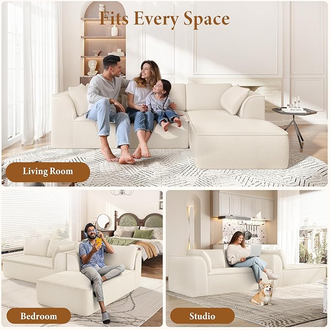 Vesgantti 106 Cloud Sectional Couch with Chaise Deep Seat Modular Sectional Sofa Chenille Memory Foam Sofa Boneless Couches for Living Room Bedroom No Assembly Required (Beige Right-Facing Chaise)