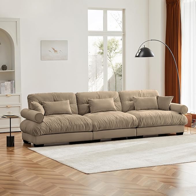 Oversized Modular Sectional Sofa 130 Inch Comfy Velvet Cloud Couches for Living Room Office 3-Seater Sofa with 5 Pillows Round Bolster Armres Camel