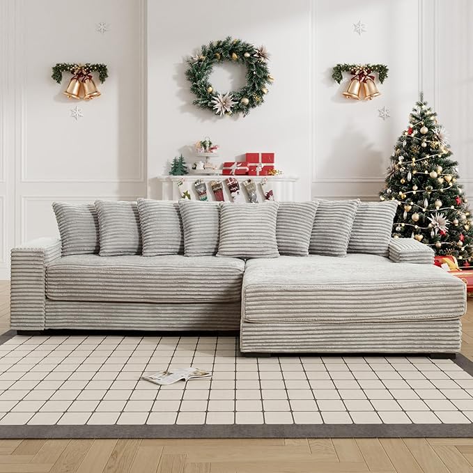 Comfy L Shaped Sectional Couches for Living Room 111 Oversized Modular Sectional Sofa with Chaise Lounge Modern Fluffy Plush Corduroy Couch with 8 Pillows (Right Facing Grey)