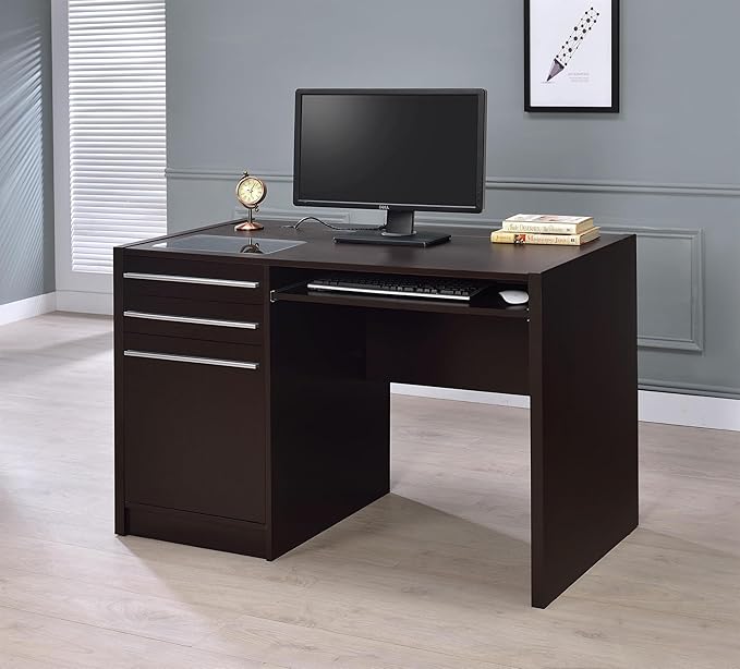 Stonecroft Furniture Computer Desk with Charging Station 47.25 in Wide MDF and Glass in Cappuccino Finish 3 Drawers Keyboard Drawer Contemporary Style Office Desk for Home or Professional Use