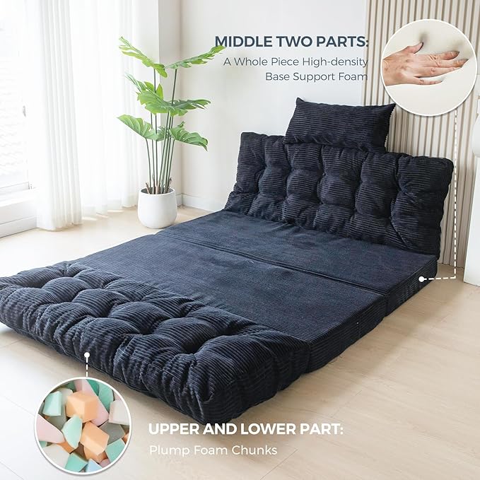 MAXYOYO Folding Sofa Bed Tufted Bean Bag Bed with Pillows Floor Mattress for Adults Extra Thick and Long Floor Sofa Twin Couch for Bedroom Living Room Black 39x91 Inch