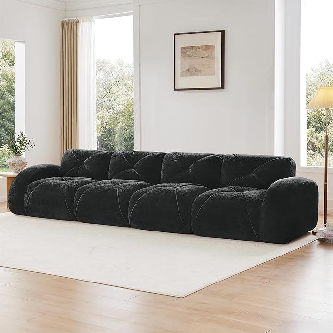 KEIKI 141 Velvet Modular Sectional Sofa with High-Density Foam Cushion &amp 4 Pillow Upholstered Oversized Compressed Boneless Tufted 4-Seater Couch No Assembly Required for Living Room Black
