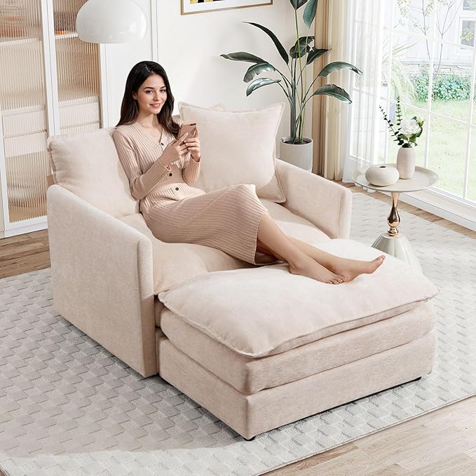 Oversized Chaise Lounge Chair Indoor Modern Comfy Chenille Cloud Accent Chair and A Half with Ottoman Single Deep Seat Sofa Couch Reading Armchair for Living Room Bedroom Apartment Beige
