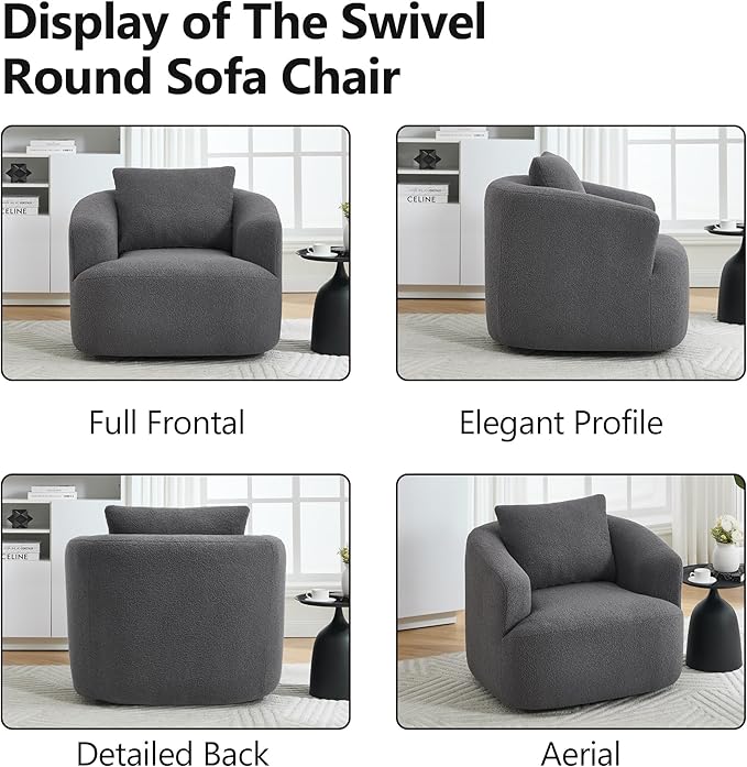 Upholstered Swivel Barrel Chair 31 Wide Modern Fabric Ergonomics Single Sofa Chair Living Room Bedroom Accent Chair Comfy Club Swivel Chair (Dark Gray)