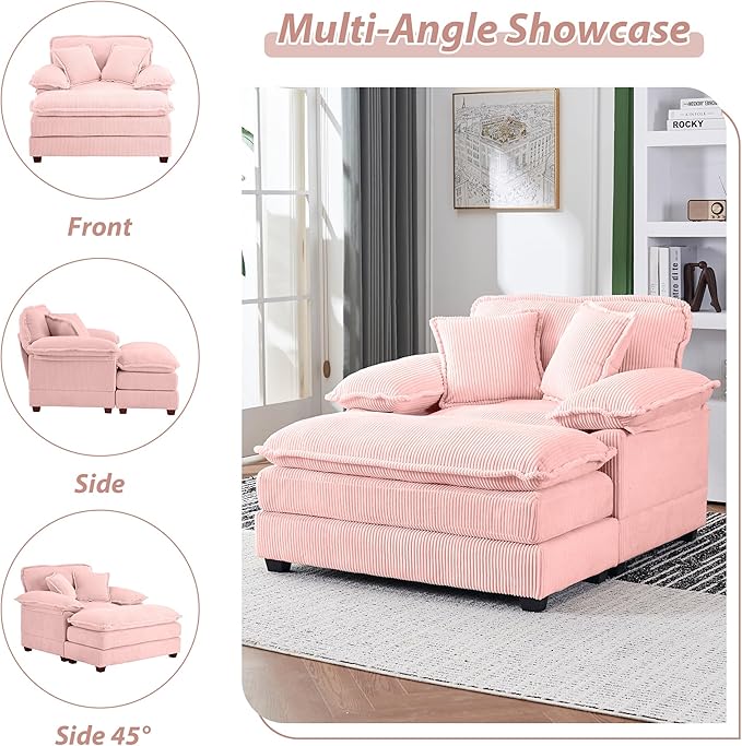 TTK Oversized Chaise Lounge Chair with Ottoman - 39.17 Wide Modern Sleeper Sofa for Living Room Bedroom &amp Office - Deep Seat Sectional Couch with Pillow Comfortable Reading ChairWhite