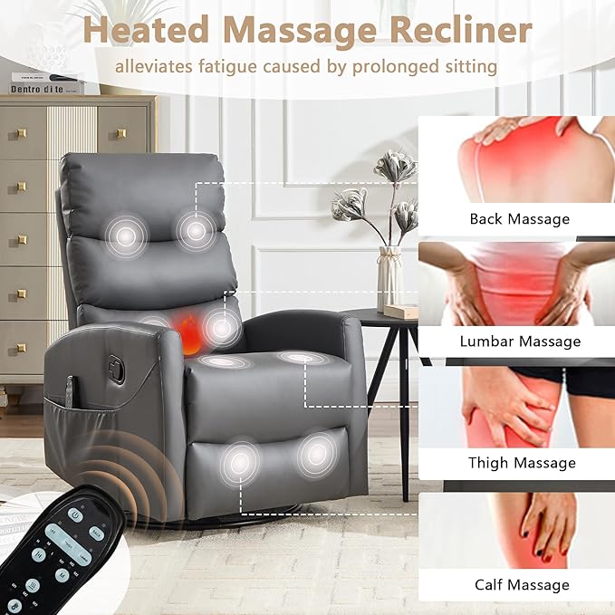 cinkehome Small Swivel Rocker Recliner Chair with Heated Massage Upholstered Nursery Glider Recliner Chair High Back Side Pocket (Grey PU Leather)