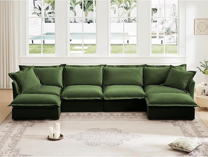 Aoowow Oversized Modular Sectional Sofa156.6” U-shaped Comfy 4-Seat Sofa Couch with Movable Ottoman Upholstered Deep Seat Couches with Big Toss Pillows for Living Room Apartment OfficeGreen-Chenille