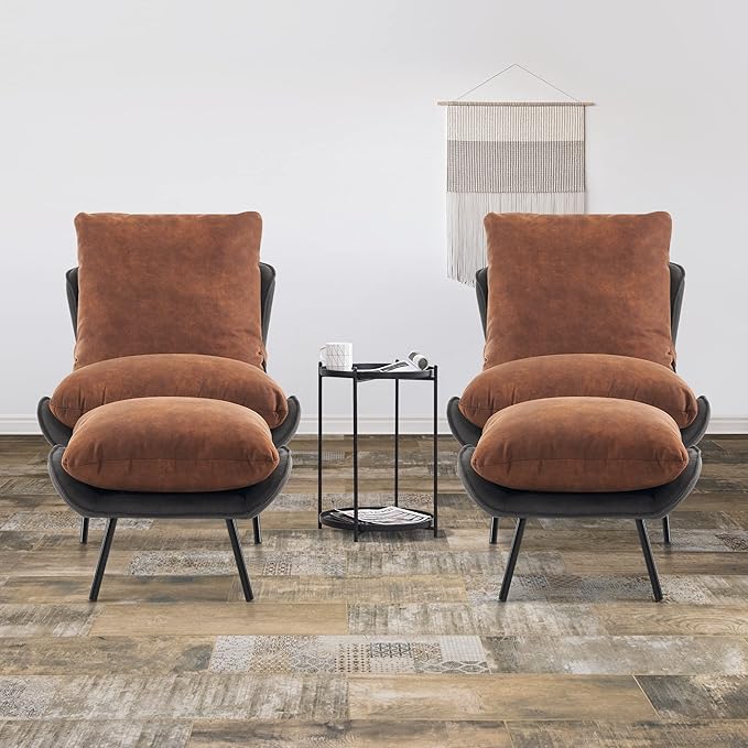 MCombo Modern Accent Chair with Ottoman Leathaire Fabric Armless Chair Upholstered Leisure Chairs for Small Space Living Room &amp Bedroom LW951 (Saddle)