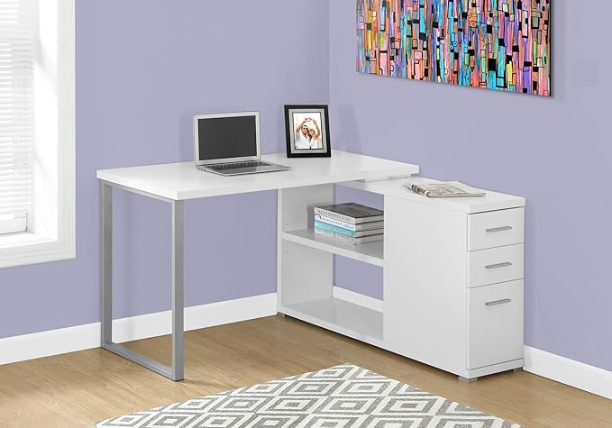 Computer Desk Home Office Corner Left Right Set-up Storage Drawers L Shape Work Laptop White Laminate Grey Metal Contemporary Modern