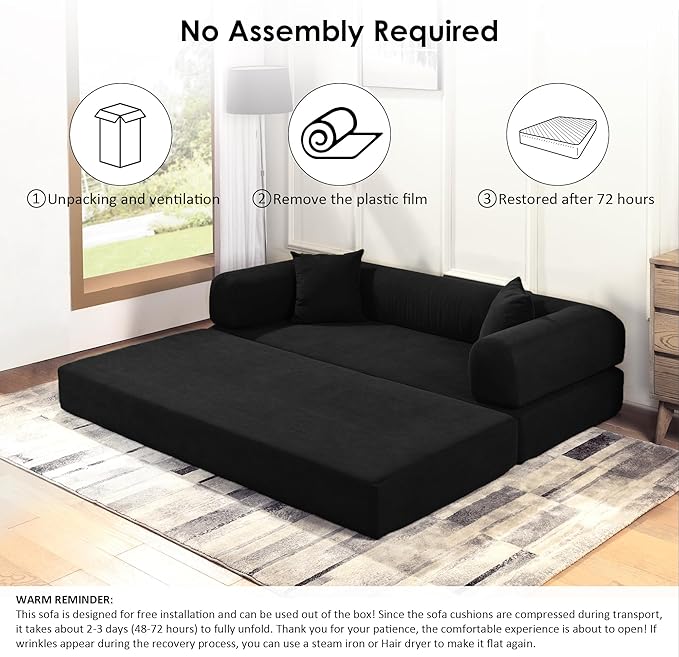 80 Convertible Sofa Bed 3-in-1 Corduroy Folding Pull Out Couch with Pillows No Assembly Modern Boneless Couch Compression Sofa in Box Floor Sofa with Side Storage for Living RoomBlack