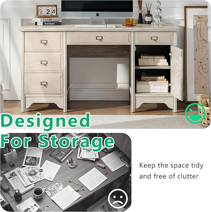 Chogori 55 Solid Wood Executive Desk Farmhouse Office Computer Desk with 5 Drawers &amp Storage Cabinet Wooden Writing Table for Home Office Study Bedroom (Gray)