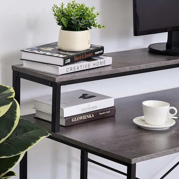 55 Inch Home Office Computer Desk Study Writing Workstation with Storage Shelves Elevated Monitor Shelf CPU Stand X Shaped Construction Grey Wood Grain