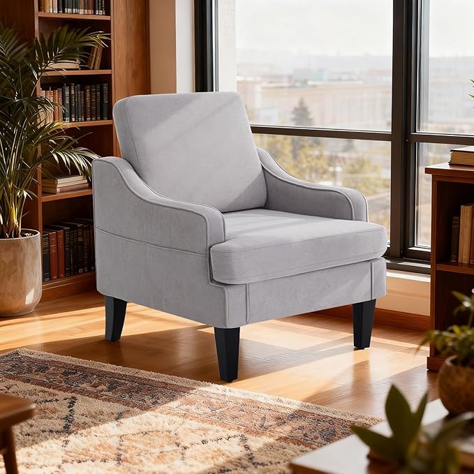 Accent Chair for Living Room Upholstered Living Room Chair with Side Pockets Comfy Accent Chairs for Bedroom Mid Century Modern Armchair for Office Apartment Waiting Room Club (Grey)