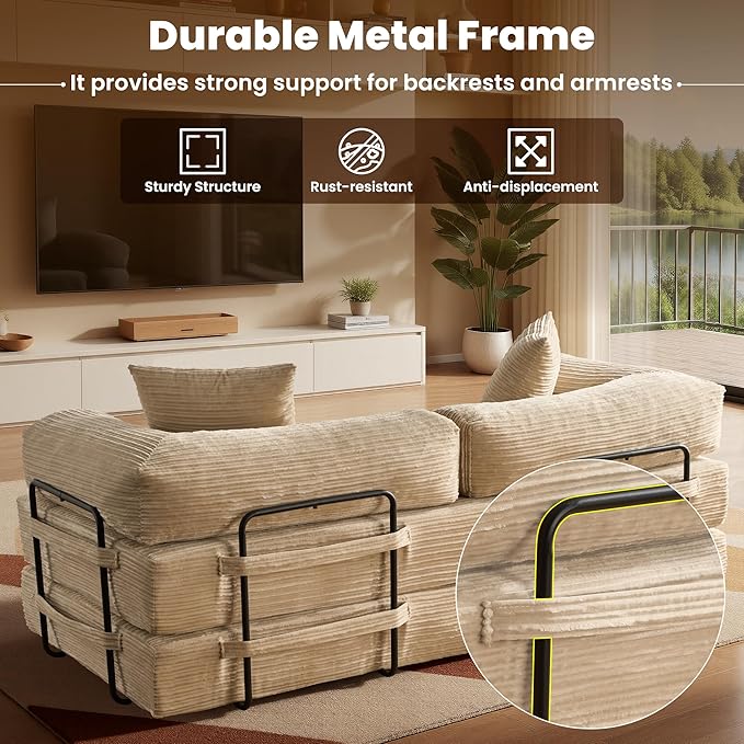 ovios 81 Folding Sofa Bed Foldable Sleeper Boneless Couch with Pull Out Beds Modular Convertible Floor Futon Loveseat Lounger for Living Room (Corduroy Beige)