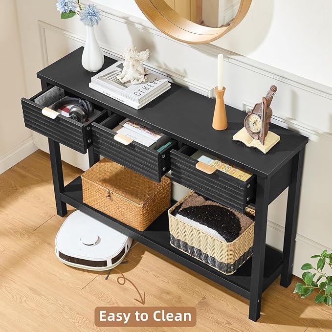 LEYAOYAO Fluted 47.2 Console Table with 3 Drawers Modern Wood 2 Tier Entryway Table with Open Storage Shelf Boho Sofa Entry Tables Behind Couch for Living Room Hallway Entrance Foyer Black Oak