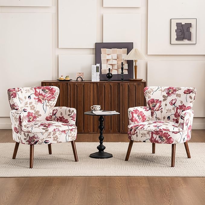 Floral Accent Chair Set of 2 Upholstered Living Room Chairs with Solid Wood Legs Mid Century Modern Velvet High Back Armchair for Bedroom Living Room Pink