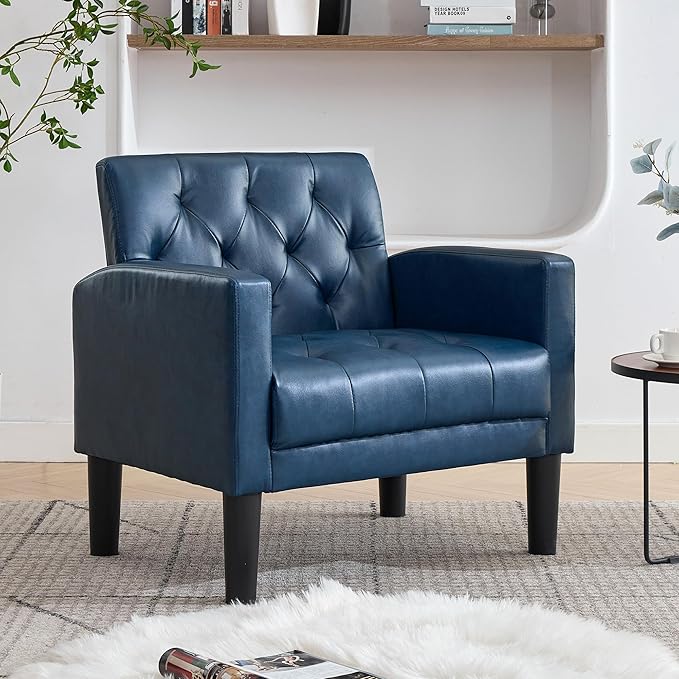 TYBOATLE Accent Chair Comfy Living Room Chair Leather Tufted Mid Century Modern Accent Chair Small Cozy Reading Arm Chair for Office Bedroom (1 Blue)