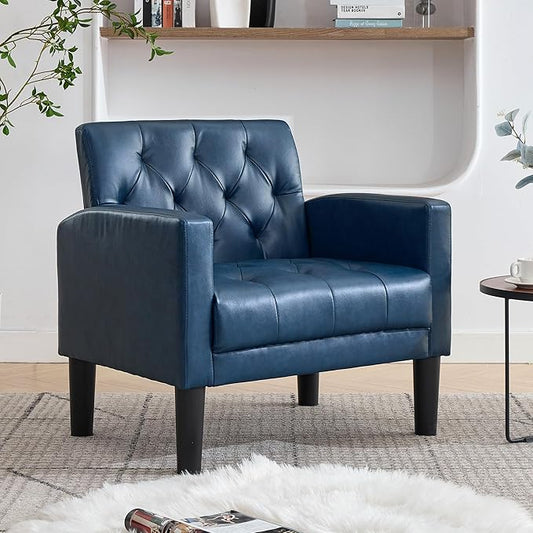 TYBOATLE Accent Chair Comfy Living Room Chair Leather Tufted Mid Century Modern Accent Chair Small Cozy Reading Arm Chair for Office Bedroom (1 Blue)