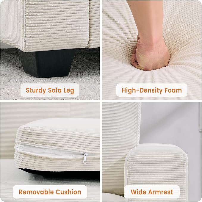 Modern Loveseat Sofa Couches for Living Room 83 Boneless Comfy Corduroy Sofa for Apartment Bedroom or Office Soft Upholstered Couch Compact Spaces Deep Seats Wood Frame Removable Cover White