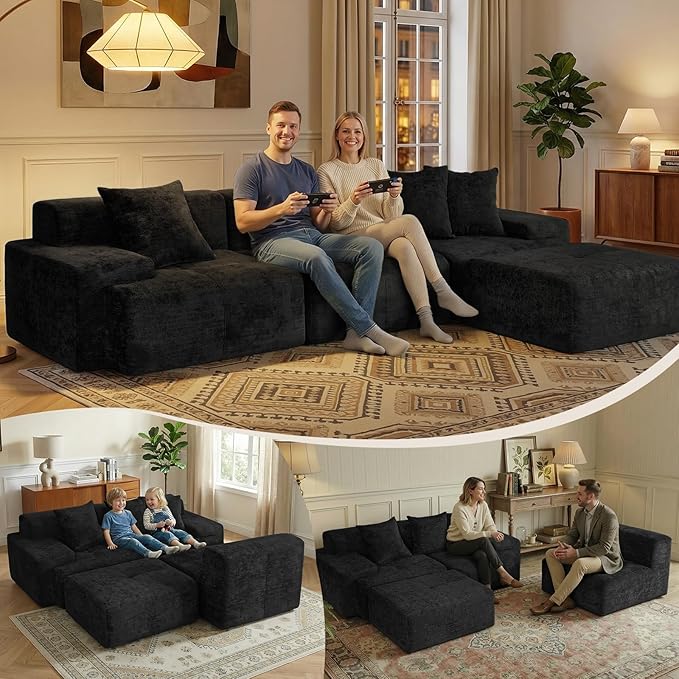 117 Modular Sectional Sofa Couch Chenille Upholstered Boneless Couch Oversized L-Shaped Cloud Sectional Couch with Ottoman &amp Deep Seating No Assembly Black