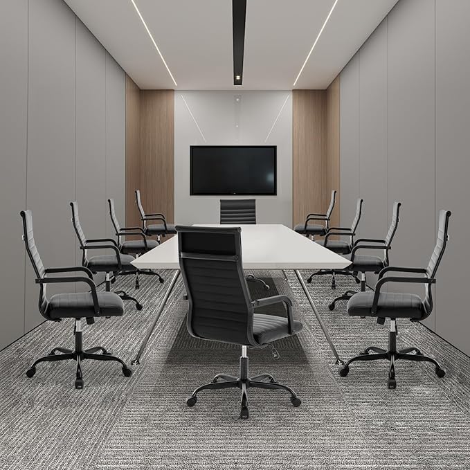 Office Chair Ergonomic Executive Conference Room Chairs Ribbed Leather Desk Chair with Lumbar Support Adjustable Height Mid-Back Swivel Chair with Padded Seat and Square Tube Armrests