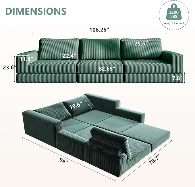 106 Convertible Sofa Bed Cloud Modular Sectional Sofa Modern Deep Seat Folding Sofa for Living Room Bedroom No Assembly Required Corduroy Fabric Flexible Configurations