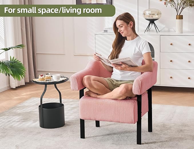 Mistpeople Corduroy Barrel Accent Chair Modern Upholstered Armchair with Metal Legs Cozy Corner Chair for Living Room Bedroom Vanity Office Reading Nook Pink Blackleg