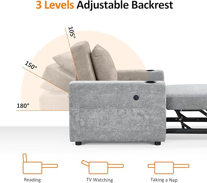 MCombo Convertible Sleeper Chair Bed 3-in-1 Folding Sofa Chair with Adjustable Backrest Pull-Out Bed with USB Port Cup Holders Linen Fabric for Small Spaces Living Room Guest Room Office VN6001