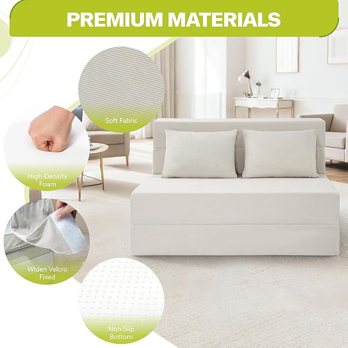 Folding Sofa Bed 4 in 1 Convertible Sleeper Sofa Bed Chair with Pillow Twin Memory Foam Loveseat Futon Sleeper Chair Foldable Futon Couch for Living Room Bedroom Guest Room Beige