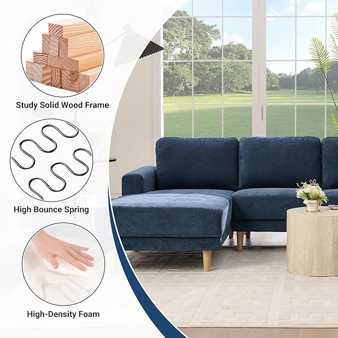 Tbfit 84 L-Shaped Sectional Sofa Comfy Upholstered Couch with Chaise Modern Fabric Living Room Furniture for Home Office Blue