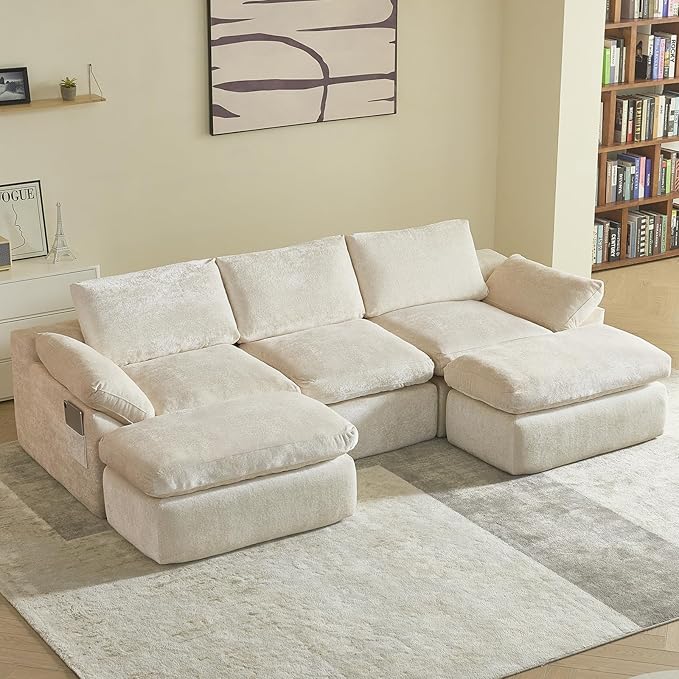 Vamcheer U Shaped Cloud Couch - Utra Soft Modular Sectional Sofa with 2 Movable Ottoman Deep Seat Boneless Couches for Living Room Bedroom Office No Assembly Required Beige
