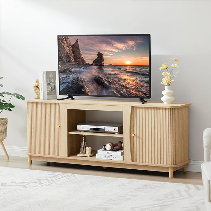 TV Stand Fluted Media Console Table with Storage and Sliding Door Farmhouse Entertainment Center for Living Room Home Office (Natural-No Fireplace)