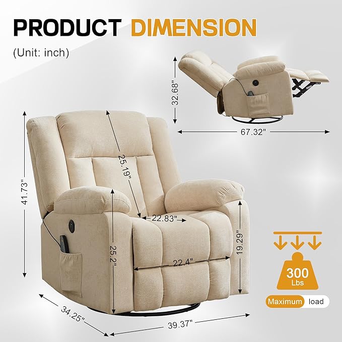 Rocker Recliner Glider Recliner Chairs for Adults 360° Swivel Rocking Chair with Massage and Heating Nursery Chair with Storage and USB Charging for Living Room Bedroom Nursery