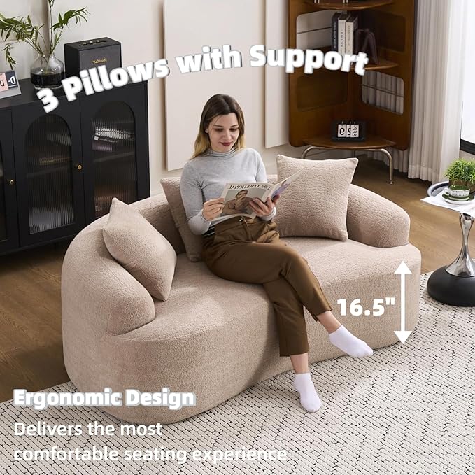 65 Curved LoveseatDeep Seat Cloud Floor Couch with 3 BackrestCozy Chenille FabricSmall Loveseat for Small SpacesBedroomOfficeApartment (Beige 65 Inch)