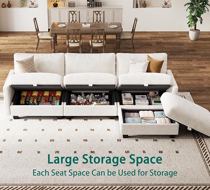 Modular Sectional U Shaped Sofa Couches for Living Room Cloud Couch with Storage Ottoman Comfy Chenille Sofa with Pillow Beige