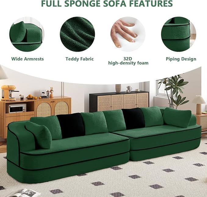 4 Seater Modular Sectional Boneless Couch with Throw PillowsModern Foam Boneless Sofa for Living Room Teddy Fabric Oversized with Deep Seat Green Sofa