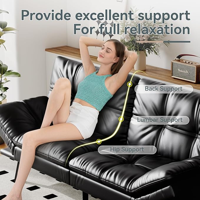 Futon Sofa Bed Convertible Couch Black Faux Leather Sofa Bed with Memory Foam Adjustable Backrest &amp Armrests Multifunctional Small Loveseat Sleeper Sofa for Living Room Apartment Office