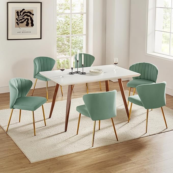 HULALA HOME Velvet Dining Chairs Modern Small Armless Accent Chair with Gold Metal Legs Living Room Upholstered Cute Side Chair Elegant Tufted Back Vanity Chair for Bedroom/Beauty Room-SAGE