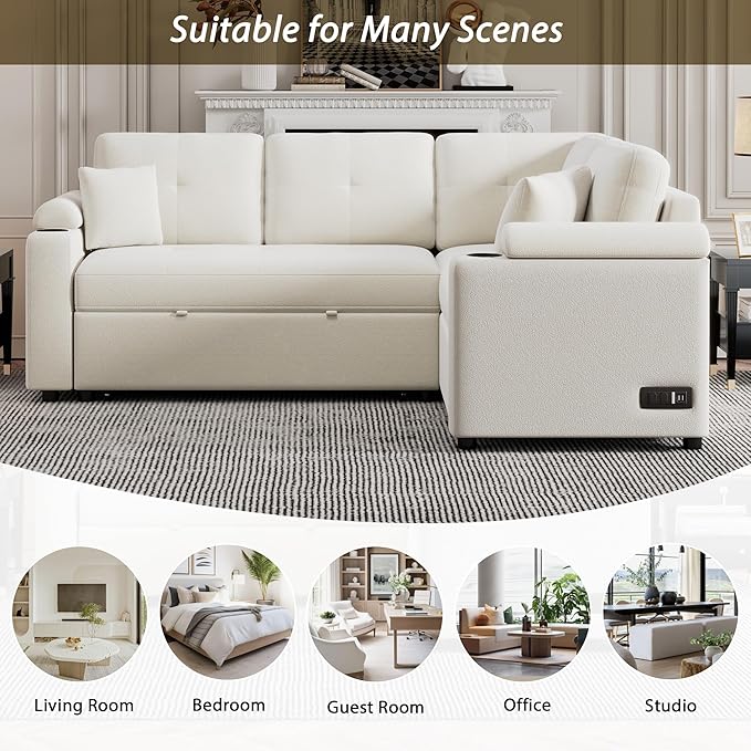 83 L-Shape Sofa Bed Pull-Out Sleeper Sofa with Wheels and Built-in Cup Holders Modern Button Tufted 3 Seater Sectional Corner Couch with Power Sockets for Living Room (Beige-s32)