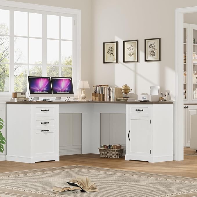 HIFIT Farmhouse Executive L Shaped Desk with Power Outlets 60 Corner Computer Desk with 3 Storage Drawers &amp 2 File Cabinets L Shaped Home Office Desk for Study White