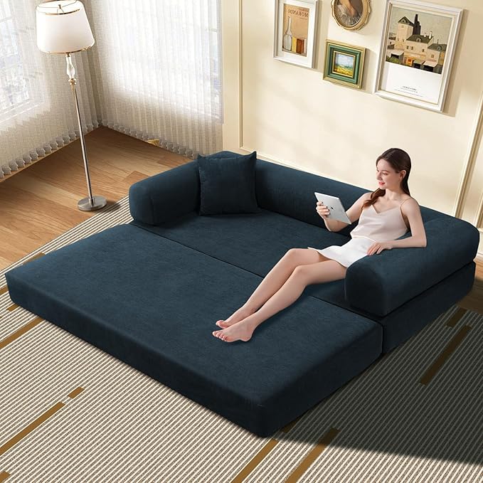 KBQ 3-Seat Convertible Sleeper Sofa Bed with 2 Pillows Corduroy Folding Mattress Couch Floor Sofa Lounge Couch for Living Room Bedroom Lounge Studio Navy Blue