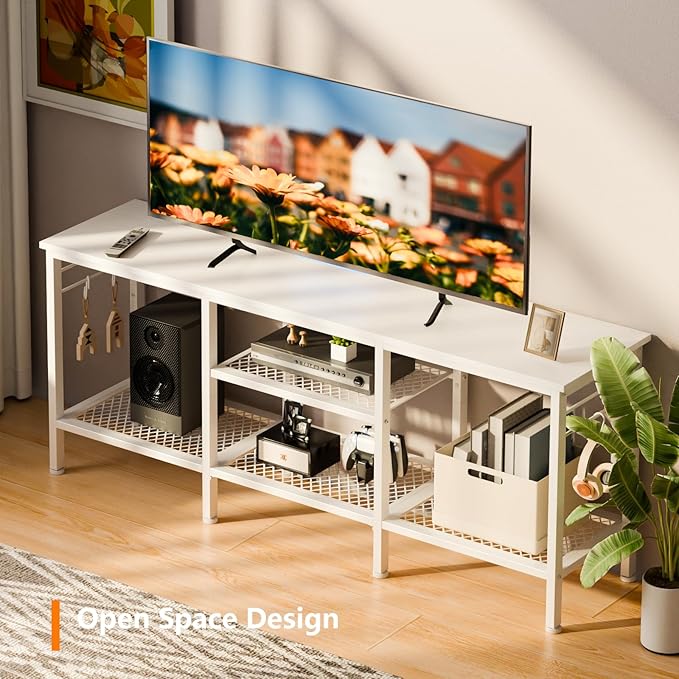 Furologee TV Stand for TVs up to 55 Inch Entertainment Center with Open Storage Shelves Media Console Table with Soundbar Shelf for Living Room Bedroom White