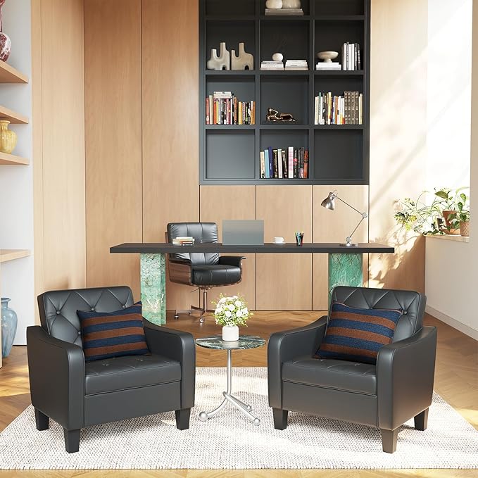 STHOUYN Living Room Arm Chairs Black Faux Leather Accent Chair Waiting Room Chairs Office Reading Chair for Guest (1 Black)