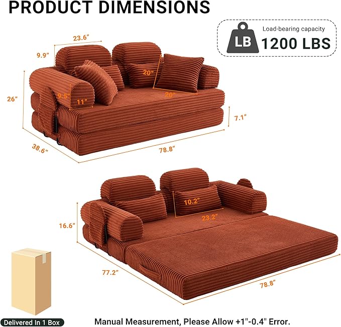 79 Boneless Couch with High Backrest Headrest Comfy Modular Foldable Floor Sleeper Sofa 5-in-1 Convertible Sofa Bed for Living Room Bedroom Lounge Studio Orange