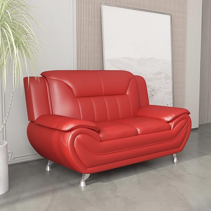 Michael Modern Faux Leather Upholstered Stainless Steel Legs Living Room Loveseat Persian Red
