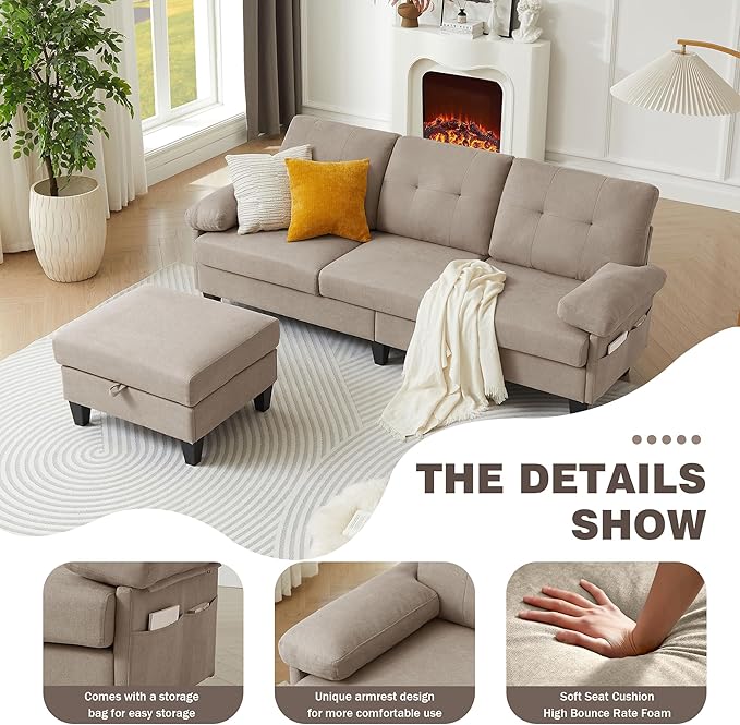 84 Convertible Sectional Sofa Modern Linen Fabric Small L Shaped Couch with Reversible Chaise 3-Seat Sofa Couches for Living Room Apartment and Small SpaceBeige