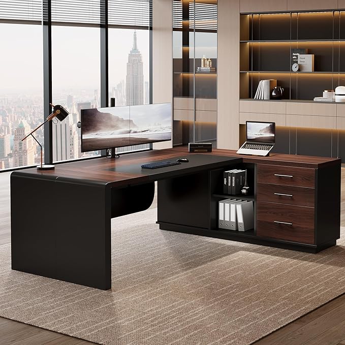 Tribesigns 81'' L-Shaped Executive Desk Large Modern Office Desk with Drawers and File Cabinet for Home or Business Workspace Computer Desk with Storage Shelves Walnut &amp Black