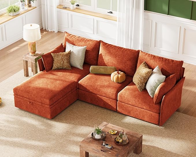 ABCASA 102.6 Modular Sectional Sofa Oversized L Shaped Couch with Storage Ottoman 24.5 Deep Seat 3-Seater Pet-friendly Removable Backrest Cover Terracotta Chenille Sectional Couches for Living Room