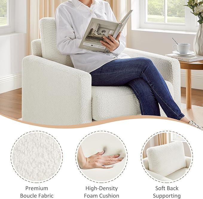 VANOMi Accent Chair 29.5 Reading Chair Modern Living Room Chair with Thick Cushion&ampWood Base Comfy Upholstered Boucle Armchair Single Sofa for Bedroom Office White