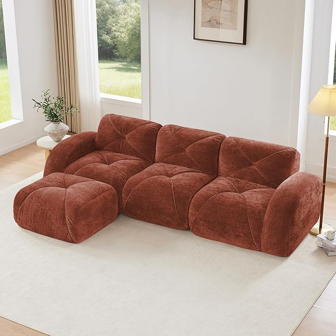 110.6'' Modular L Shaped Sectional Couches for Living Room Modern Velvet Cozy Boneless Sofa with 1 Ottoman No Assembly Required Comfy Couch Red Cloud Boneless Couch in a Box Sofas para Sala